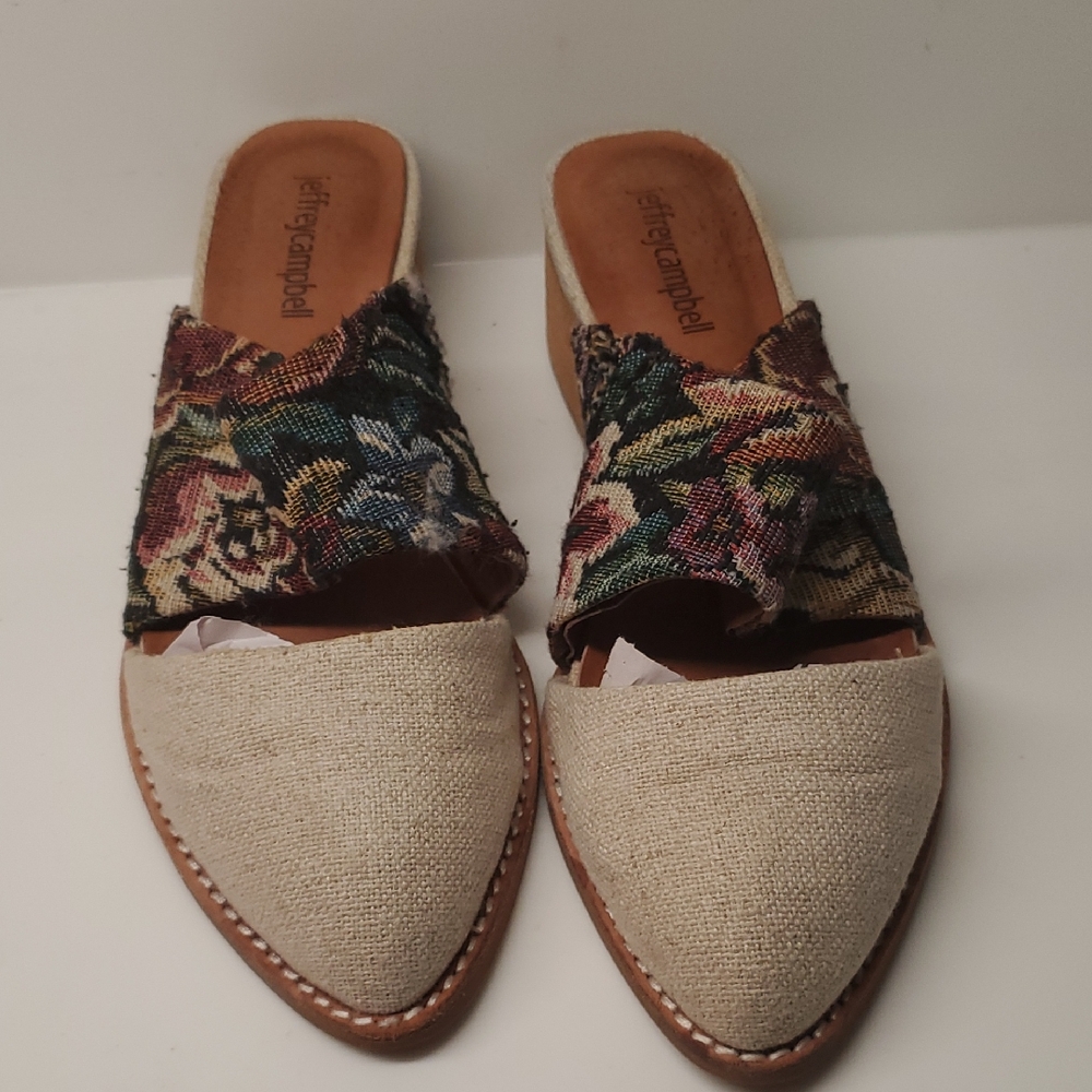 Natural Linen & Floral Slide Mules - Jeffrey Campbell